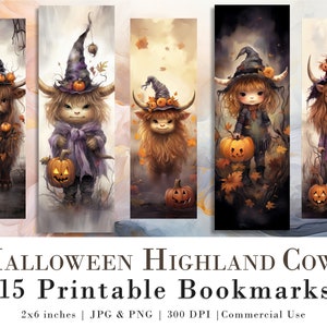 15 Cute Halloween Highland Cow Printable Bookmarks | Digital Download JPG Bookmark Set| PNG bookmark sublimation | Whimsical bookmark set