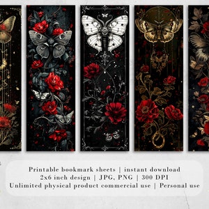 May include: Set of five printable bookmark designs featuring black backgrounds with red poppies, gold accents, and intricate butterfly illustrations. Each bookmark is 2x6 inches and 300 DPI.