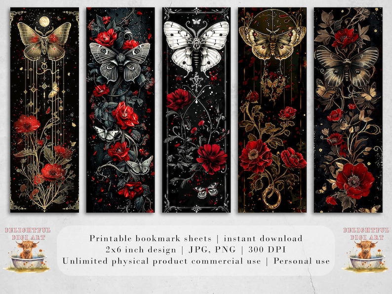 May include: Set of five printable bookmark designs featuring black backgrounds with red poppies, gold accents, and intricate butterfly illustrations. Each bookmark is 2x6 inches and 300 DPI.