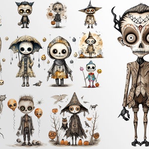 May include: A collection of 12 Halloween-themed illustrations featuring various characters with skeletal features. The characters are dressed in costumes and hold props like pumpkins, candy, and balloons. The illustrations are drawn in a whimsical and slightly spooky style.