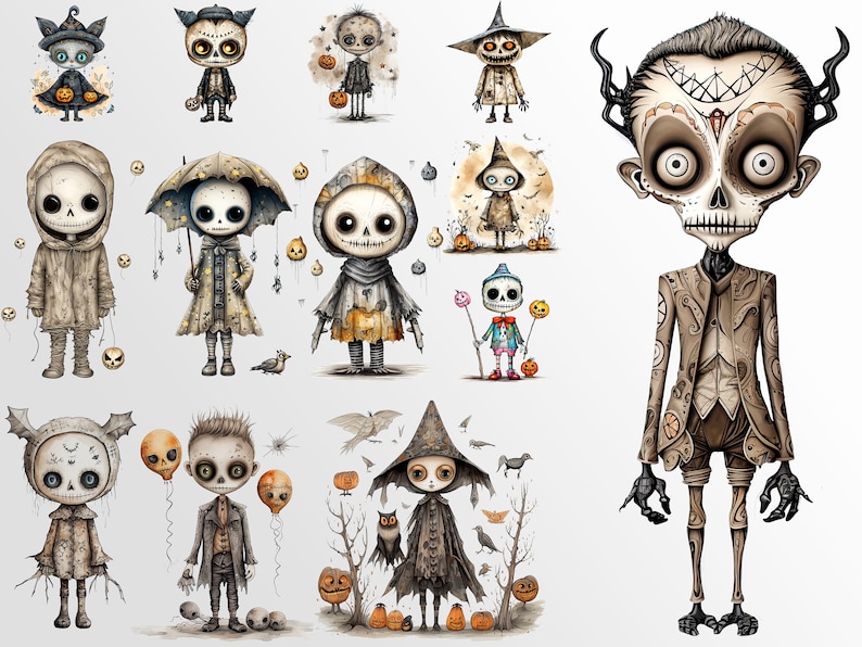 May include: A collection of 12 Halloween-themed illustrations featuring various characters with skeletal features. The characters are dressed in costumes and hold props like pumpkins, candy, and balloons. The illustrations are drawn in a whimsical and slightly spooky style.