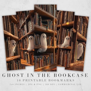 May include: Ten printable bookmarks featuring a whimsical illustration of a bookcase with cute ghosts peeking out from behind the books. The bookmarks are 2x6 inches and are available in JPG and PNG formats at 300 DPI.  They are perfect for Halloween or any time of year.