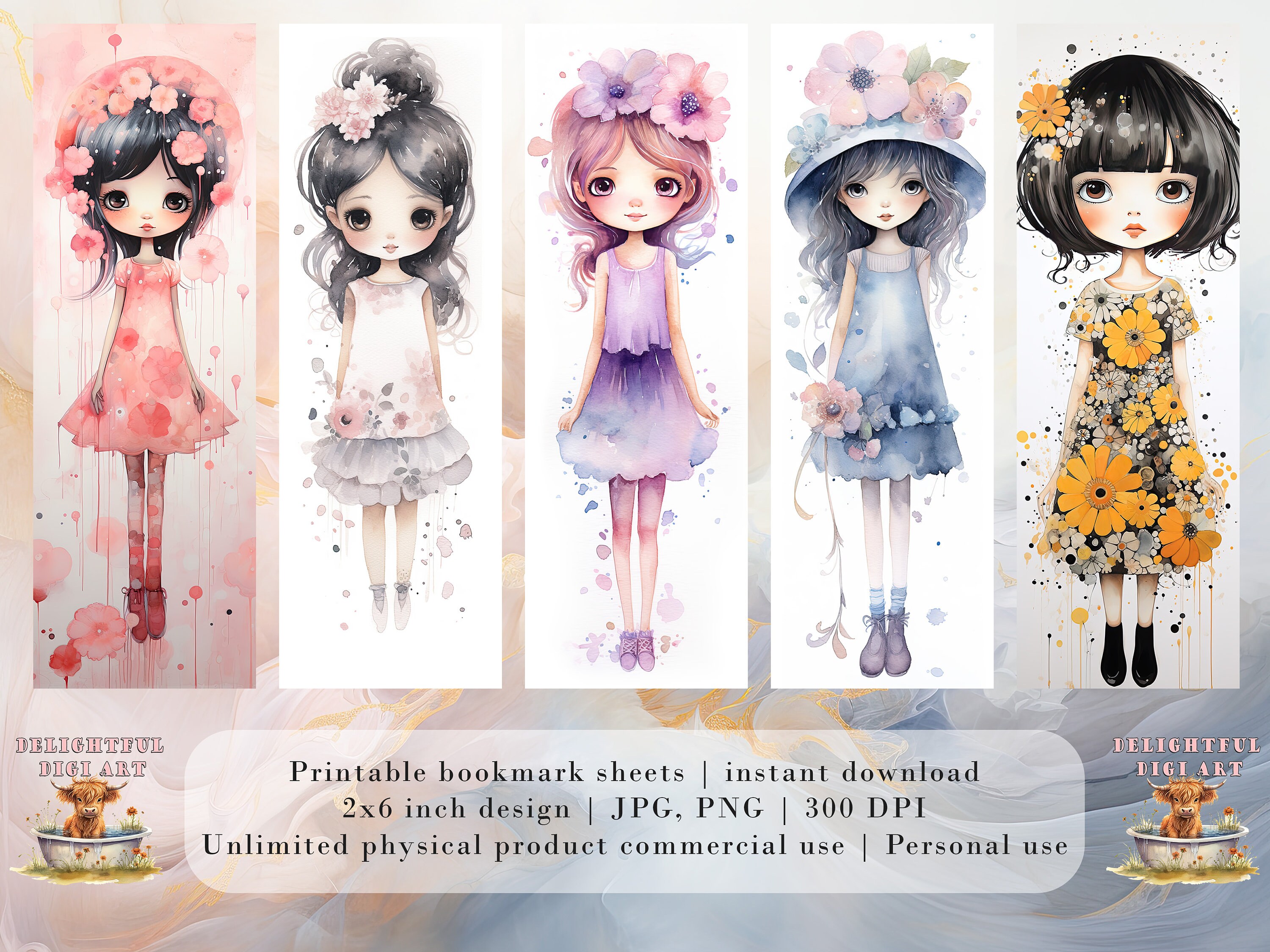 20 Flower Girls Watercolor Printable Bookmarks | Digital Download JPG ...