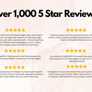 May include: Screenshot of five-star reviews for a digital art product. The reviews highlight the quality of the artwork, the speed of customer service, and the ease of use of the digital files. The text includes phrases like "over the moon", "gorgeous colours", "cutest prints", "crystal clear", and "phenomenal".