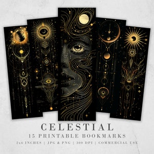15 hemelse afdrukbare bladwijzers | Gouden planeten digitale download JPG bladwijzerbladen | PNG-bladwijzersublimatie | DIY-bladwijzers voor vrouwen