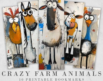 Crazy Farm Animal Printable Bookmarks |  Cute Mixed Media JPG Bookmark Sheets| PNG sublimation| Whimsical bookmarks for Women and Kids