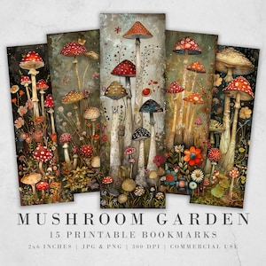Segnalibri stampabili Giardino dei funghi/ Segnalibri stravaganti/ Fogli JPG/ Sublimazione segnalibro PNG/ Regalo per gli amanti dei libri/ Funghi e fiori eccentrici/
