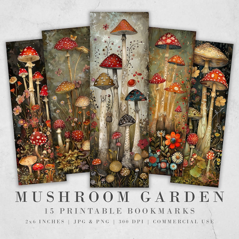 May include: Fifteen printable bookmarks featuring a whimsical mushroom garden illustration. The bookmarks are 2 inches by 6 inches and are available in JPG and PNG formats at 300 DPI. They are perfect for adding a touch of whimsy to your reading experience.
