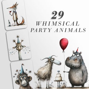 Grillige feestbeesten: grappige verjaardagsafbeeldingen voor ambachten en decor | PNG-bundel | Sublimatiebestanden| Eigenzinnige wezens clipart hilarisch