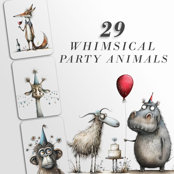 Whimsical Party Animals: Funny Birthday Graphics for Crafts and Decor | PNG Bundle | Sublimation files| Quirky Creatures Clipart Hilarious