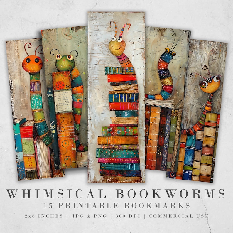 May include: Set of 15 whimsical bookworm bookmarks featuring colorful illustrations of bookworms on stacks of books. Each bookmark is 2 inches by 6 inches and is available in JPG and PNG formats at 300 DPI.  These bookmarks are perfect for book lovers and are ideal for commercial use.
