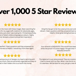 May include: Screenshot of five-star reviews for a digital art product. The reviews highlight the quality of the artwork, the speed of customer service, and the ease of use of the digital files. The text includes phrases like "over the moon", "gorgeous colours", "cutest prints", "crystal clear", and "phenomenal".