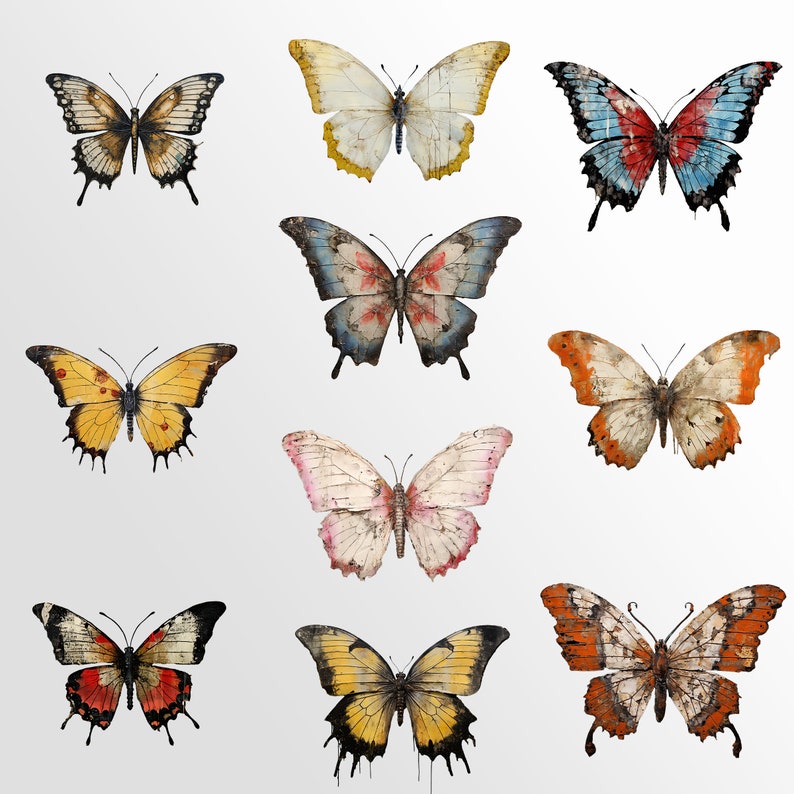 Puede incluir: Nueve ilustraciones de mariposas coloridas con intrincados patrones de alas. Las mariposas est&aacute;n dispuestas en una cuadr&iacute;cula sobre un fondo blanco.