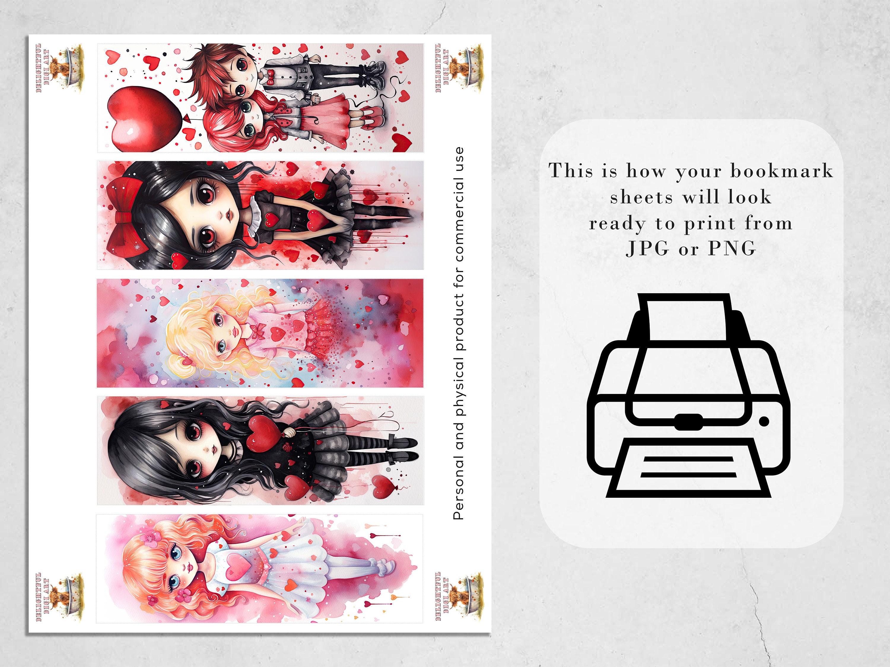 Chibi Valentines Watercolor Printable Bookmarks| Digital Download JPG ...
