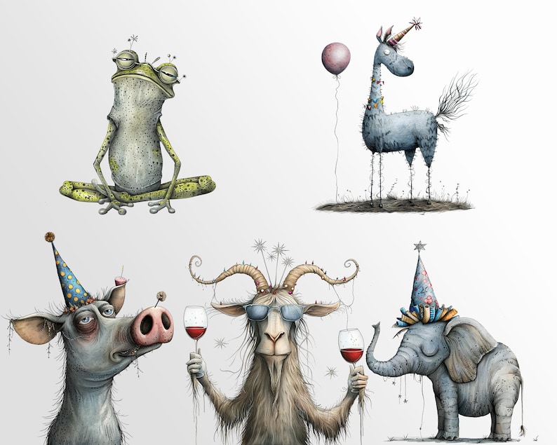 Whimsical Party Animals: Funny Birthday Graphics for Crafts and Decor | PNG Bundle | Sublimation files| Quirky Creatures Clipart Hilarious image 9