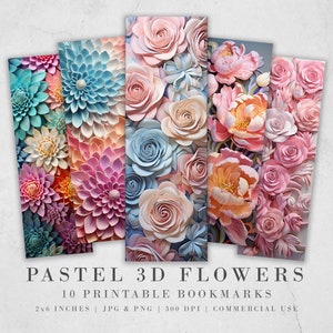 10 Marcadores imprimibles de flores pastel 3D / Descarga digital Hojas de marcadores JPG / Sublimación de marcadores PNG / Conjunto de marcadores florales