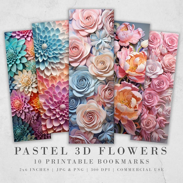 10 segnalibri stampabili con fiori pastello 3D / Download digitale Fogli segnalibri JPG / Sublimazione segnalibri PNG / Set segnalibri floreali