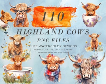 Imágenes prediseñadas de acuarela de vaca de las tierras altas, PNG de vaca, arte de baby shower, animales bebés, SVG de vaca de las tierras altas, paquete de imágenes prediseñadas de vaca bebé, archivo de sublimación de verano
