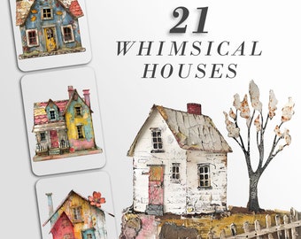 Whimsical Houses Clipart, Digital Download PNG Bundle, Quirky Images, Farm Houses, Junk Journal Art, Card Making, Cute Rustic, Collage Pack