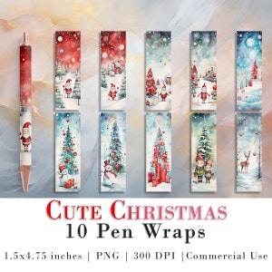 Op de afbeelding: Tien digitale penomslagen met aquarel illustraties van kerstscènes. De ontwerpen omvatten sneeuwpoppen, de kerstman, kerstboom en rendieren. De omslagen zijn 1,5 inch bij 4,75 inch en zijn 300 DPI.