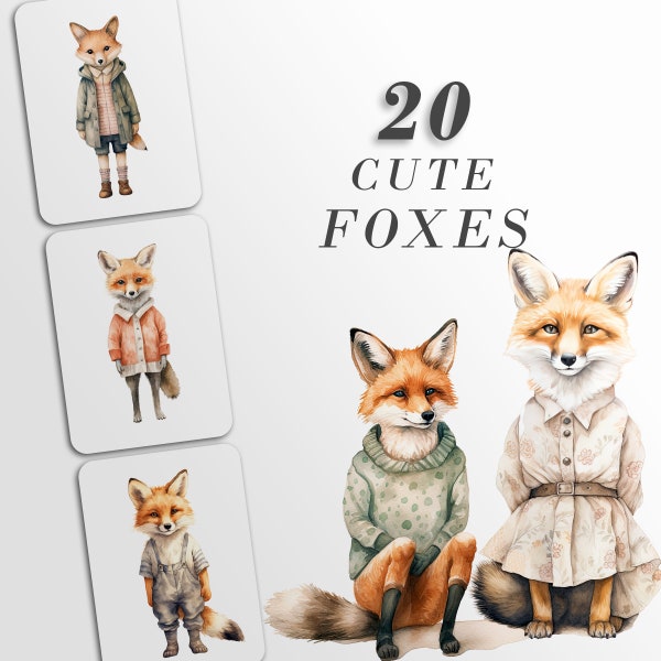 Cute Foxes Clipart, Fox PNG bundle, Baby Shower Art, Watercolor Animals, Fox wearing clothes SVG, Nursery decal, Watercolor illustrations