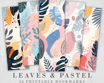 Pastel Leaves Printable Bookmarks | Organic Shapes Digital Download JPG Bookmark Sheets | PNG bookmark sublimation | DIY Bookmarks for Women