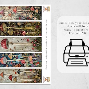 May include: Printable bookmark sheets featuring colorful illustrations of mushrooms with red, white, and blue accents. The sheets are ready to print from JPG or PNG files.