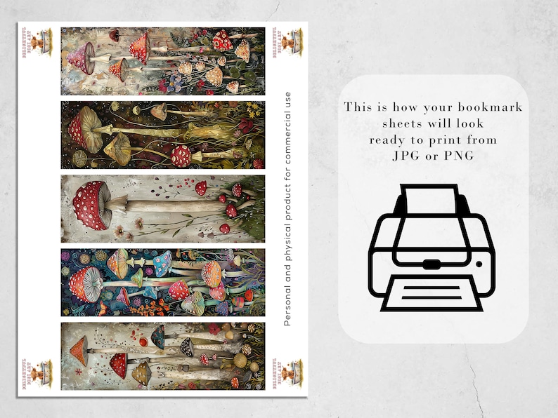 May include: Printable bookmark sheets featuring colorful illustrations of mushrooms with red, white, and blue accents. The sheets are ready to print from JPG or PNG files.