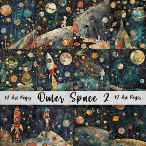 Pages d'art imprimables sur l'espace, lot d'oeuvres d'art fantaisistes, papier numérique original, planètes, lune, aventure, art mural amusant, décoration pour enfants, sublimation