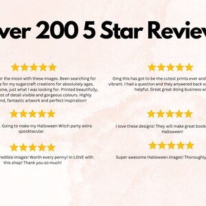 May include: Image of five-star reviews for Halloween digital images. The reviews highlight the quality, detail, and customer service of the seller. The text reads "Over 200 5 Star Reviews".