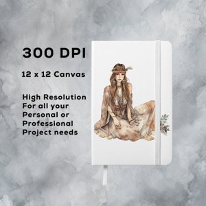 Puede incluir: Una ilustraci&oacute;n digital de una mujer con cabello largo y casta&ntilde;o que lleva un atuendo de estilo bohemio y una diadema. La imagen est&aacute; sobre un fondo blanco con el texto "300 DPI 12 x 12 Canvas Alta resoluci&oacute;n Para todos tus proyectos personales o profesionales".