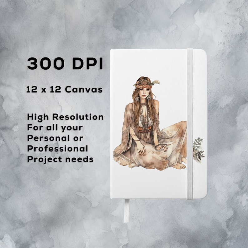 Puede incluir: Una ilustraci&oacute;n digital de una mujer con cabello largo y casta&ntilde;o que lleva un atuendo de estilo bohemio y una diadema. La imagen est&aacute; sobre un fondo blanco con el texto "300 DPI 12 x 12 Canvas Alta resoluci&oacute;n Para todos tus proyectos personales o profesionales".