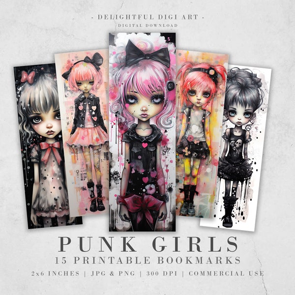15 segnalibri stampabili ad acquerello per ragazze punk / set di segnalibri JPG per download digitale / pacchetto PNG / set di segnalibri per sublimazione Big Eyes / Chibi Girl