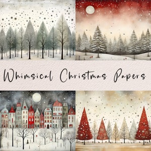 May include: Four digital paper designs featuring whimsical winter scenes. The first design shows a snowy forest with a full moon. The second design shows a snowy forest with a red sky and a full moon. The third design shows a snowy town with houses and a full moon. The fourth design shows a snowy forest with red and white trees.