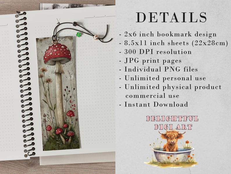 May include: A digital art print featuring a watercolor illustration of a red and white mushroom with white spots. The mushroom is surrounded by green foliage and smaller mushrooms. The print is available in 2x6 inch bookmark size and 8.5x11 inch sheets. The print is 300 DPI resolution and comes in JPG and PNG formats.
