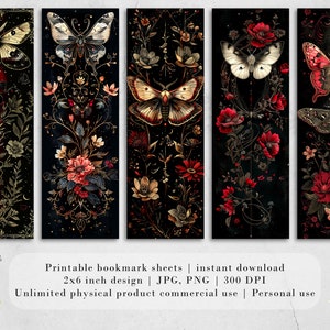 May include: Five printable bookmark designs featuring intricate floral patterns, butterflies, and moths on a black background. The designs are 2x6 inches and 300 DPI.