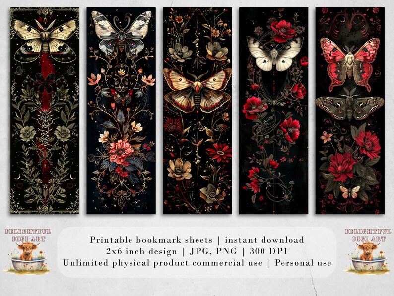 May include: Five printable bookmark designs featuring intricate floral patterns, butterflies, and moths on a black background. The designs are 2x6 inches and 300 DPI.