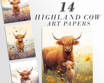 14 Cute Highland Cow Printable Art Pages| Digital Download JPG Paper Set| Whimsical Digital Paper Bundle| Cow Lover Art| Retro Cow Graphics