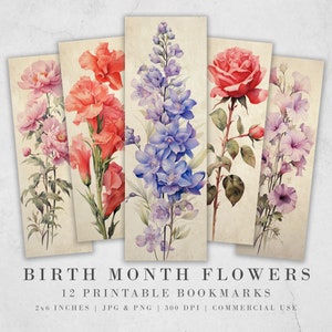 Marque-pages imprimables fleurs pour 12 mois de naissance | Feuilles de signets JPG à téléchargement numérique | Marque-page PNG sublimation | Ensemble de signets floraux| Coupes difficiles