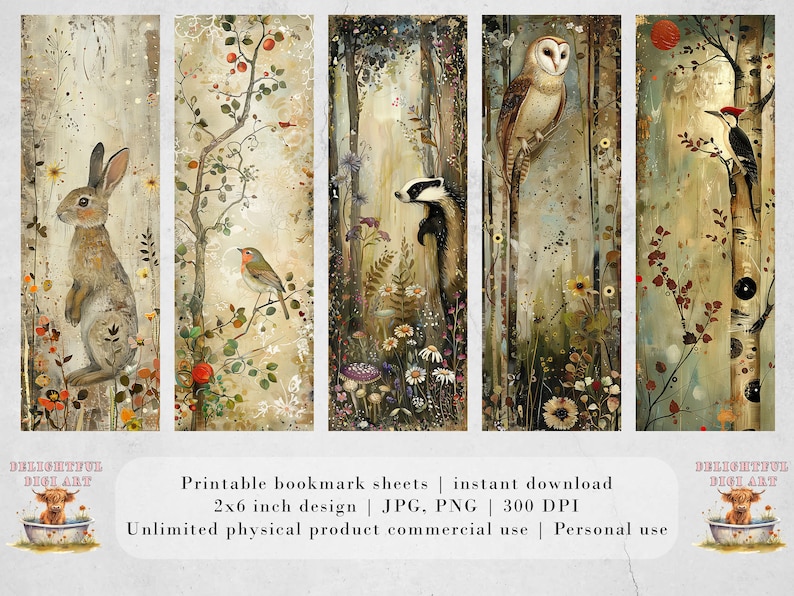 May include: Set of five printable bookmark designs featuring woodland creatures and nature scenes. The bookmarks feature a rabbit, a robin, a badger, an owl, and a woodpecker. Each bookmark is 2 inches wide by 6 inches tall and is 300 DPI.