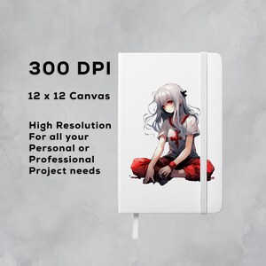 Op de afbeelding: Een wit notitieboek met een rode en witte illustratie van een anime-personage met wit haar en rode ogen. Het notitieboek heeft een wit elastiekje en een wit lint als bladwijzer. De tekst "300 DPI" en "12 x 12 Canvas" staat gedrukt op de linkerzijde van het notitieboek. De tekst "High Resolution For all your Personal or Professional Project needs" staat gedrukt onder de tekst "12 x 12 Canvas".