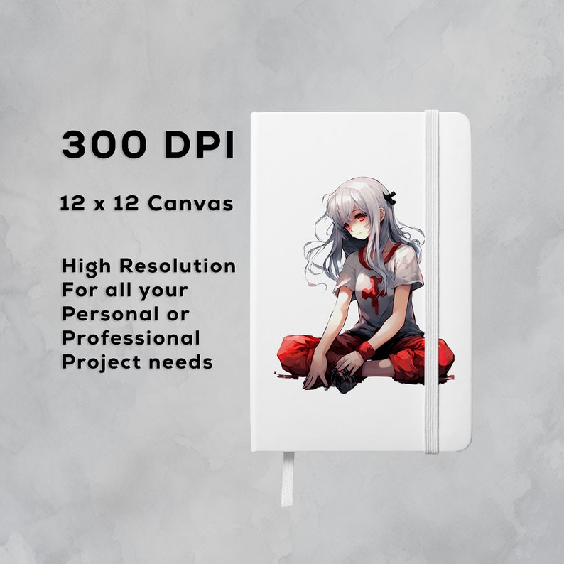 Op de afbeelding: Een wit notitieboek met een rode en witte illustratie van een anime-personage met wit haar en rode ogen. Het notitieboek heeft een wit elastiekje en een wit lint als bladwijzer. De tekst "300 DPI" en "12 x 12 Canvas" staat gedrukt op de linkerzijde van het notitieboek. De tekst "High Resolution For all your Personal or Professional Project needs" staat gedrukt onder de tekst "12 x 12 Canvas".