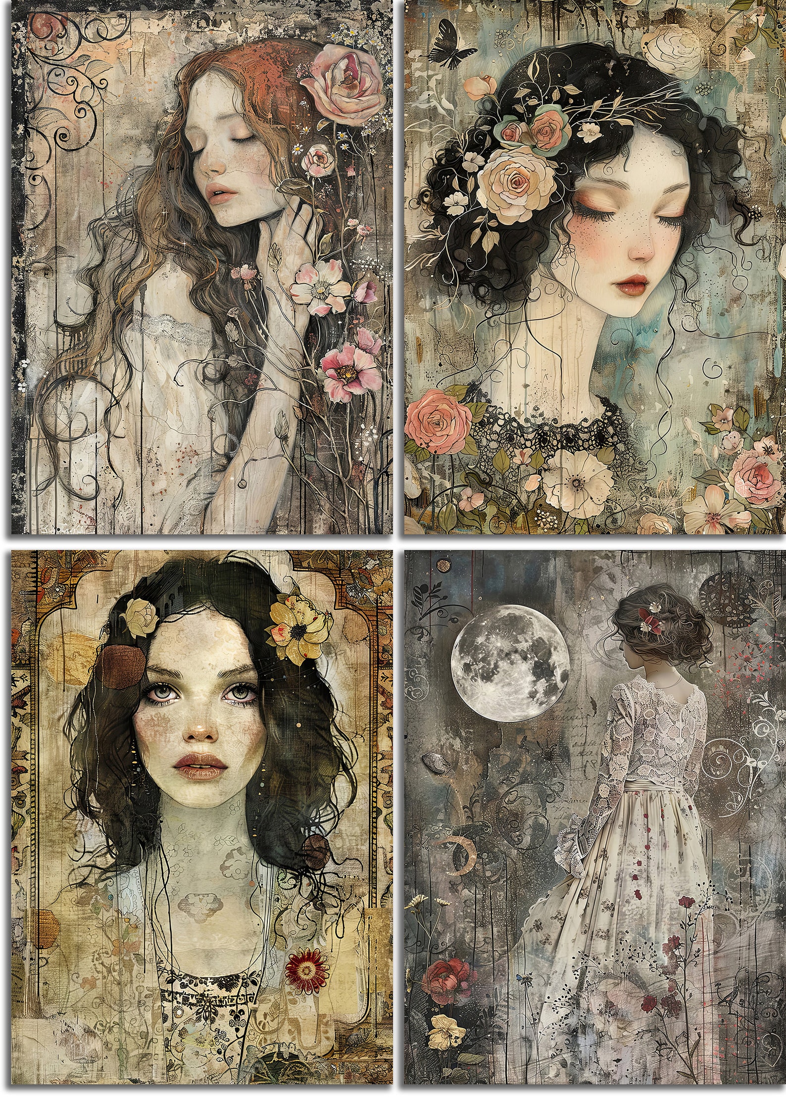 Vintage Whimsy Printable Art Pages, Quirky Art Pack, Flowers, Portraits ...