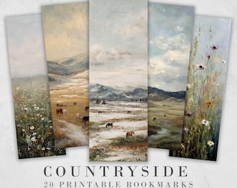 20 Countryside Landscape Themed Printable Bookmarks, Digital Download JPG Sheets, PNG sublimation Oil Painting Horses bookmark set
