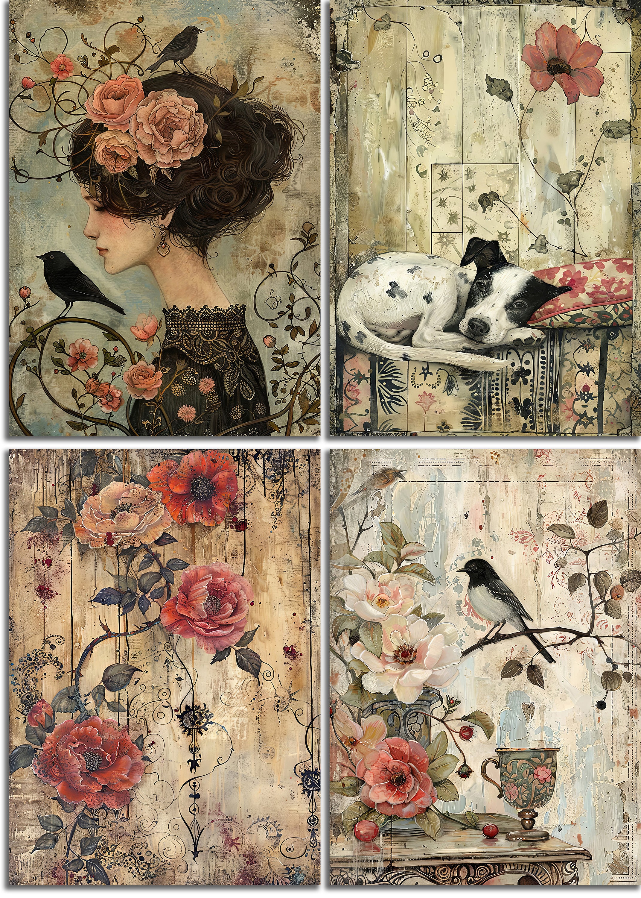 Vintage Whimsy Printable Art Pages, Quirky Art Pack, Flowers, Portraits ...