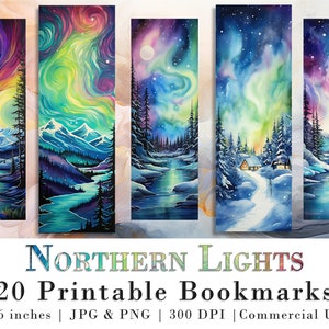 Op de afbeelding: Set van 20 printbare bladwijzers met aquarel illustraties van het noorderlicht. Elke bladwijzer is 5,1 cm bij 15,2 cm en bevat een verscheidenheid aan ontwerpen met verschillende kleuren en landschappen.