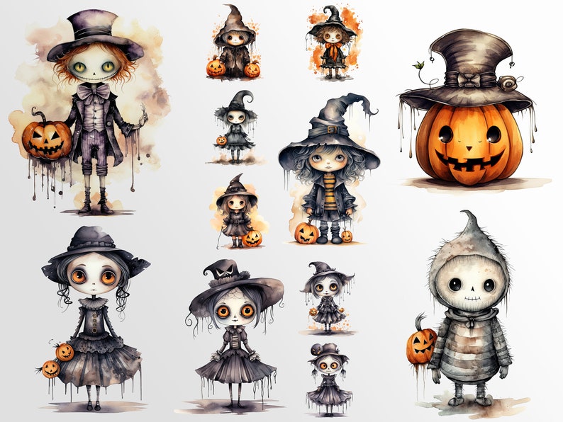 May include: Watercolor illustration of Halloween characters.  The characters are dressed in costumes and holding pumpkins.  The characters are all smiling and happy.