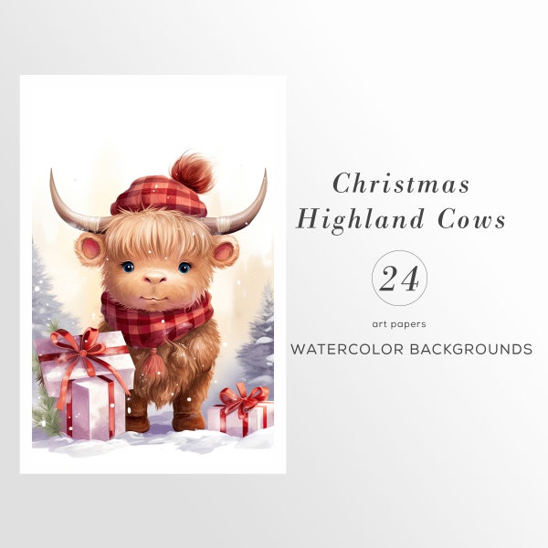 Acuarela Navidad Highland Cows Clipart: Arte de vacas para manualidades y decoración navideñas / Paquete PNG / Descarga digital / Archivos de sublimación