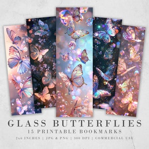 Glasschmetterlinge druckbare Lesezeichen, verträumte atmosphärische JPG-Lesezeichenbögen, PNG-Lesezeichensublimation, DIY-Geschenkidee für Frauen, pingelige Schnitte