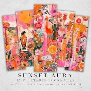 May include: Set of 15 printable bookmarks featuring a collage of colorful images, including flowers, birds, cacti, and a flamingo. The bookmarks are 2x6 inches and have a pink and orange color scheme.